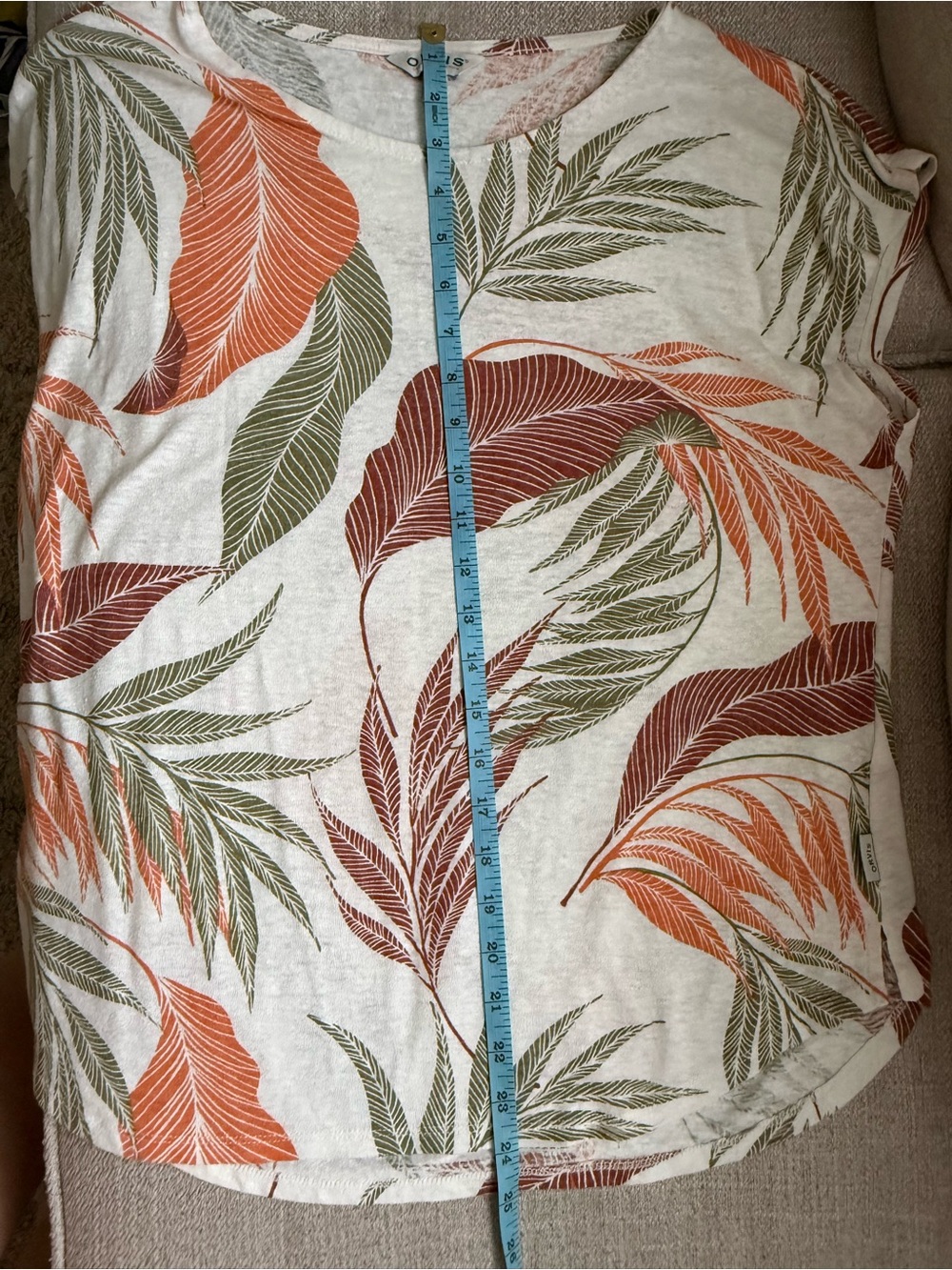 Orvis Linen Blend Cream Short-Sleeve Top w. Orange & Olive Leaf Print, M, EUC - Picture 9 of 9